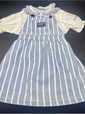 Vintage OshKosh B'gosh Blue and White Striped Pinafore Dress Set